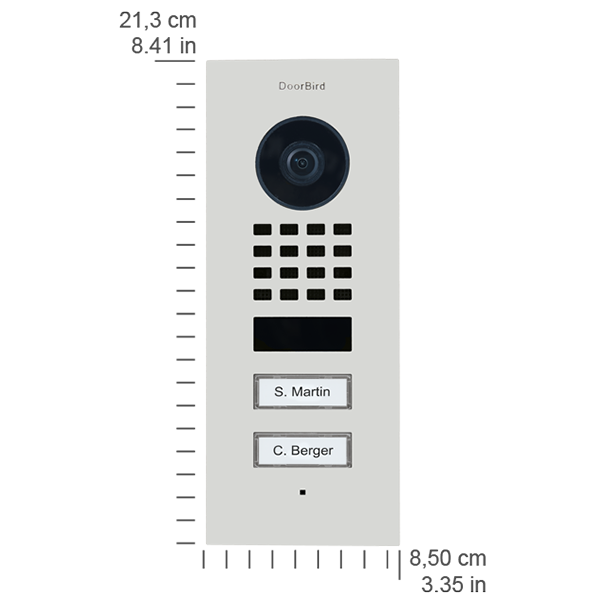 DoorBird flush-mount IP video door station front panel in traffic white with camera and 2 nameplates