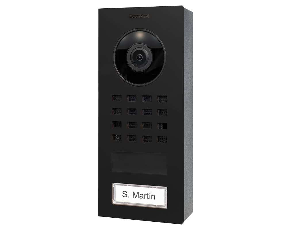 DoorBird surface-mount video door station in graphite black with camera and 1 call button