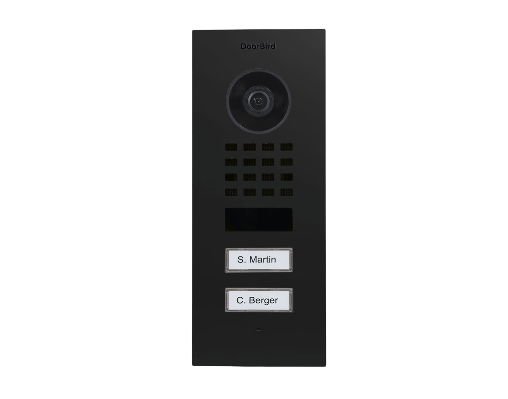 DoorBird flush-mount video door station in graphite black, camera lens and two call buttons