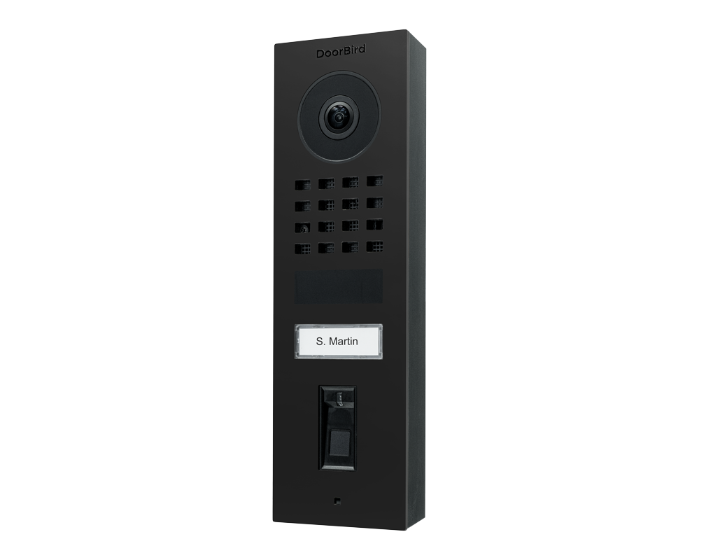DoorBird fingerprint video door station with camera, keypad, and call button, graphite black