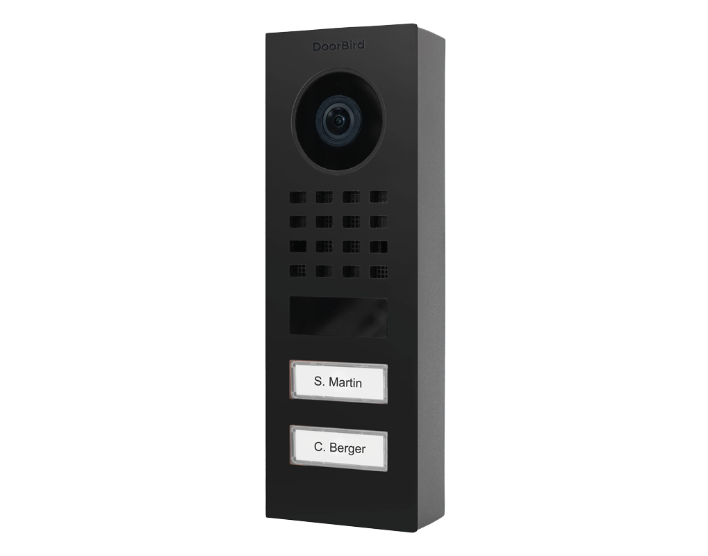DoorBird surface-mount video door station in graphite black with camera and two call buttons