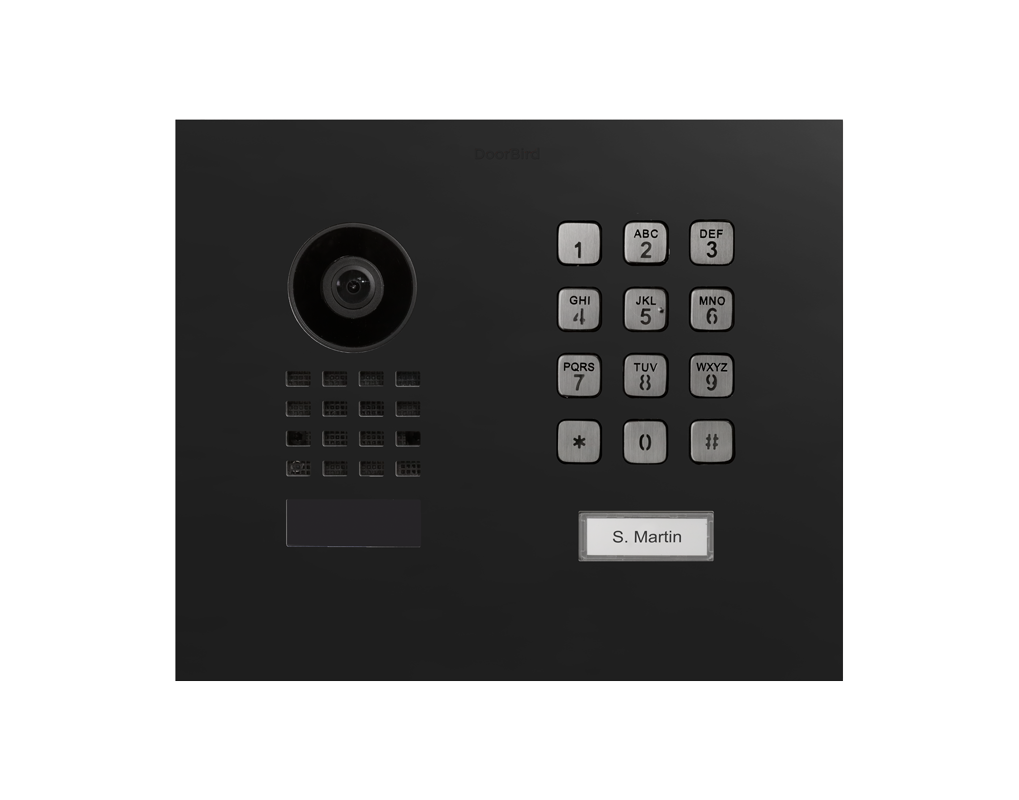 DoorBird D1101KH flush-mount video door station, graphite black with camera and keypad