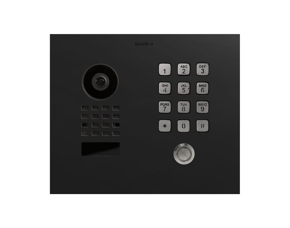 DoorBird flush-mount IP video door station in graphite black with camera lens and keypad