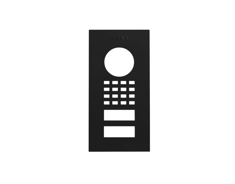 DoorBird graphite black front door panel with circular camera cutout and keypad