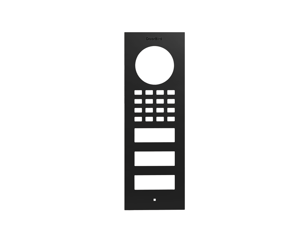Graphite black DoorBird front panel with circular lens, keypad and display