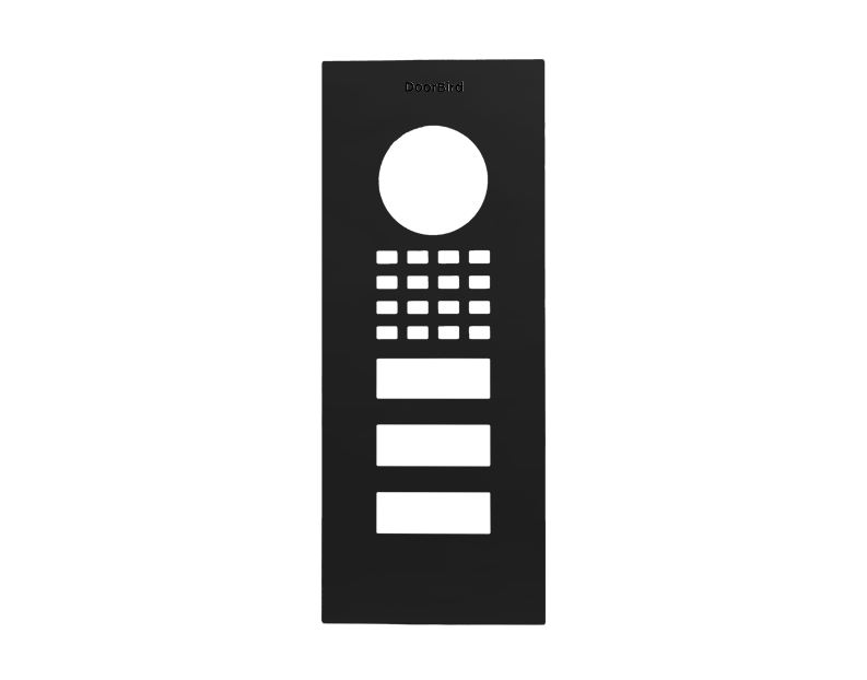 DoorBird front panel in graphite black with circular lens and grille openings