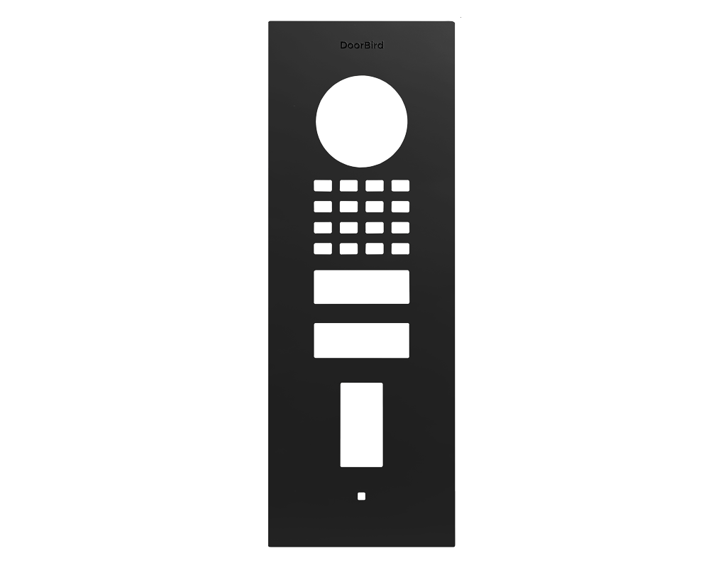 DoorBird graphite black front door panel with fingerprint circle and keypad buttons
