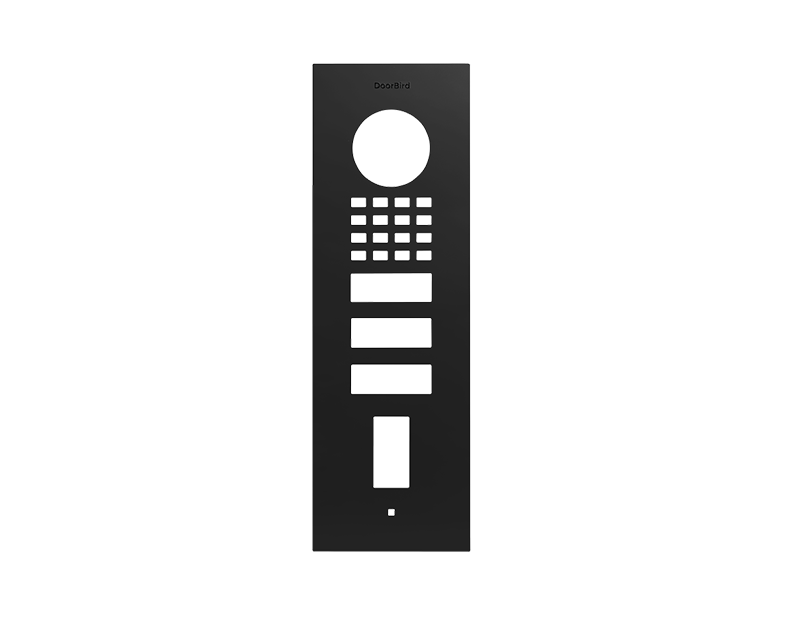 DoorBird graphite black flush-mount front panel with keypad and fingerprint-style circle