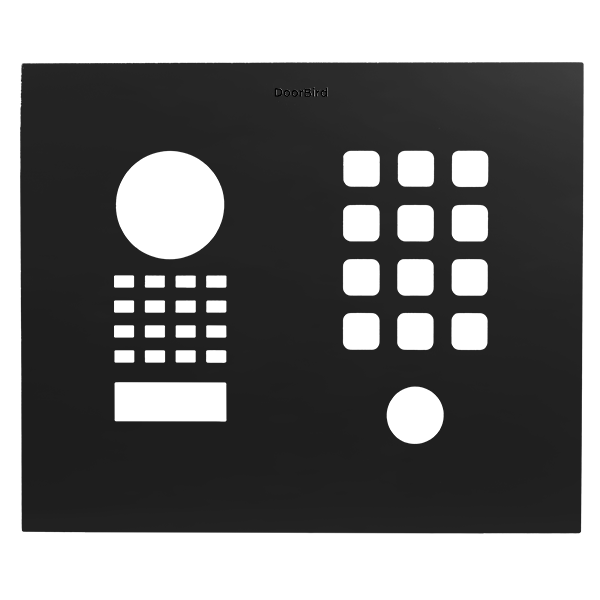 DoorBird graphite black front panel with circular camera lens and button grid