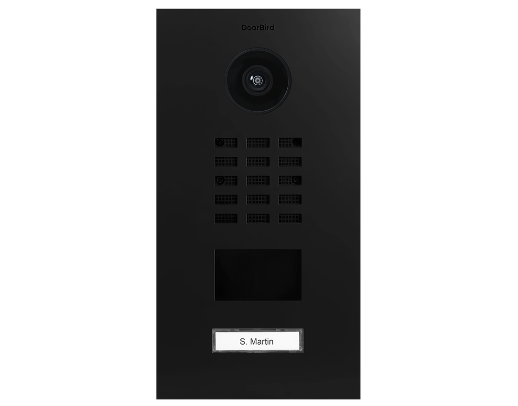 DoorBird IP video door station in graphite black with camera lens and single call button
