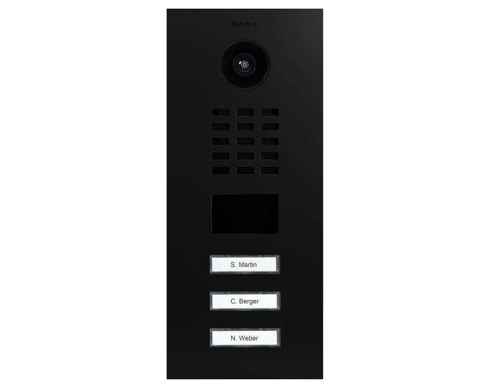 Graphite black video door station with camera lens and three call buttons