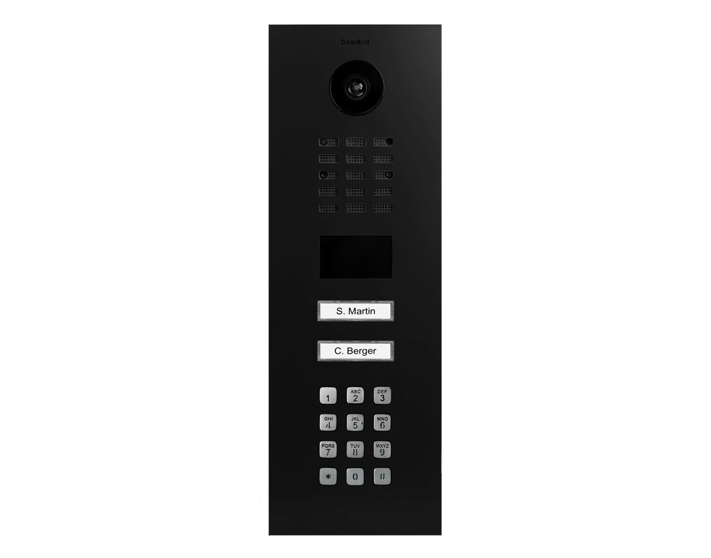 DoorBird IP video door station in graphite black with camera and keypad call buttons