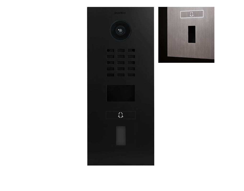 DoorBird IP video door station, graphite black front with camera lens and call button