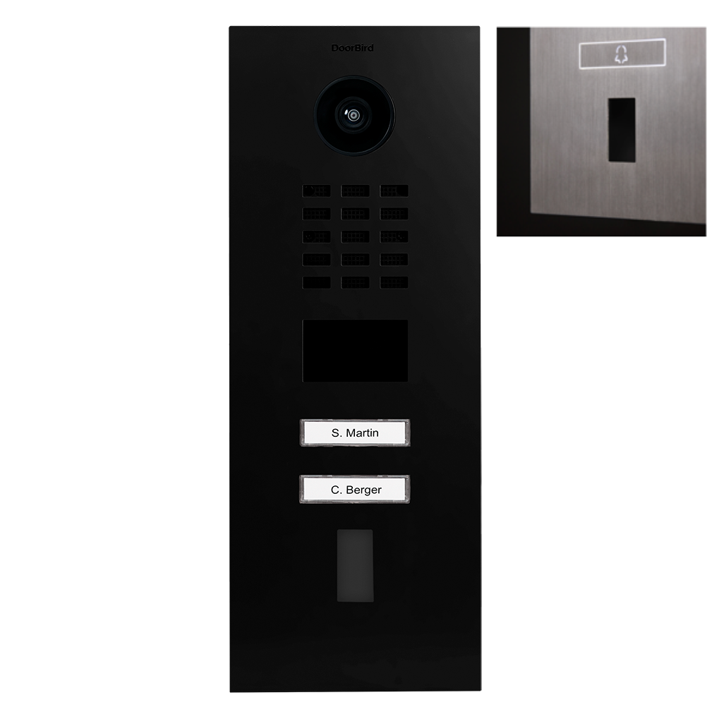 Graphite black IP video door station with camera lens, speaker grille, and two call buttons
