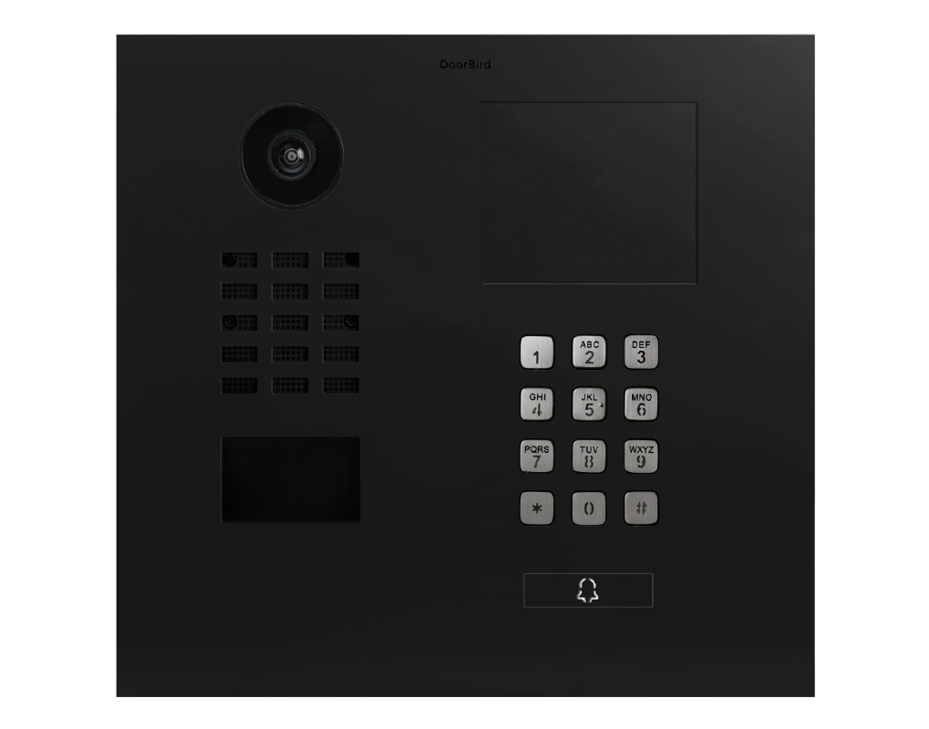 Graphite black IP video door station with camera lens and numeric keypad