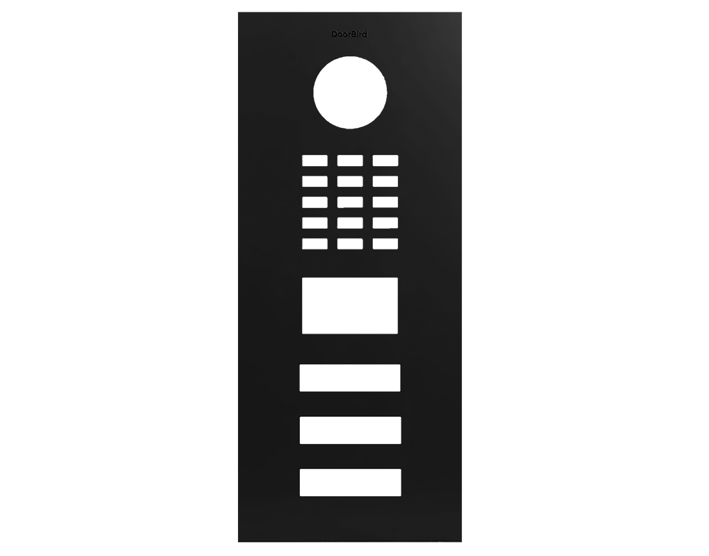 DoorBird graphite black front panel with round lens cutout and button grid