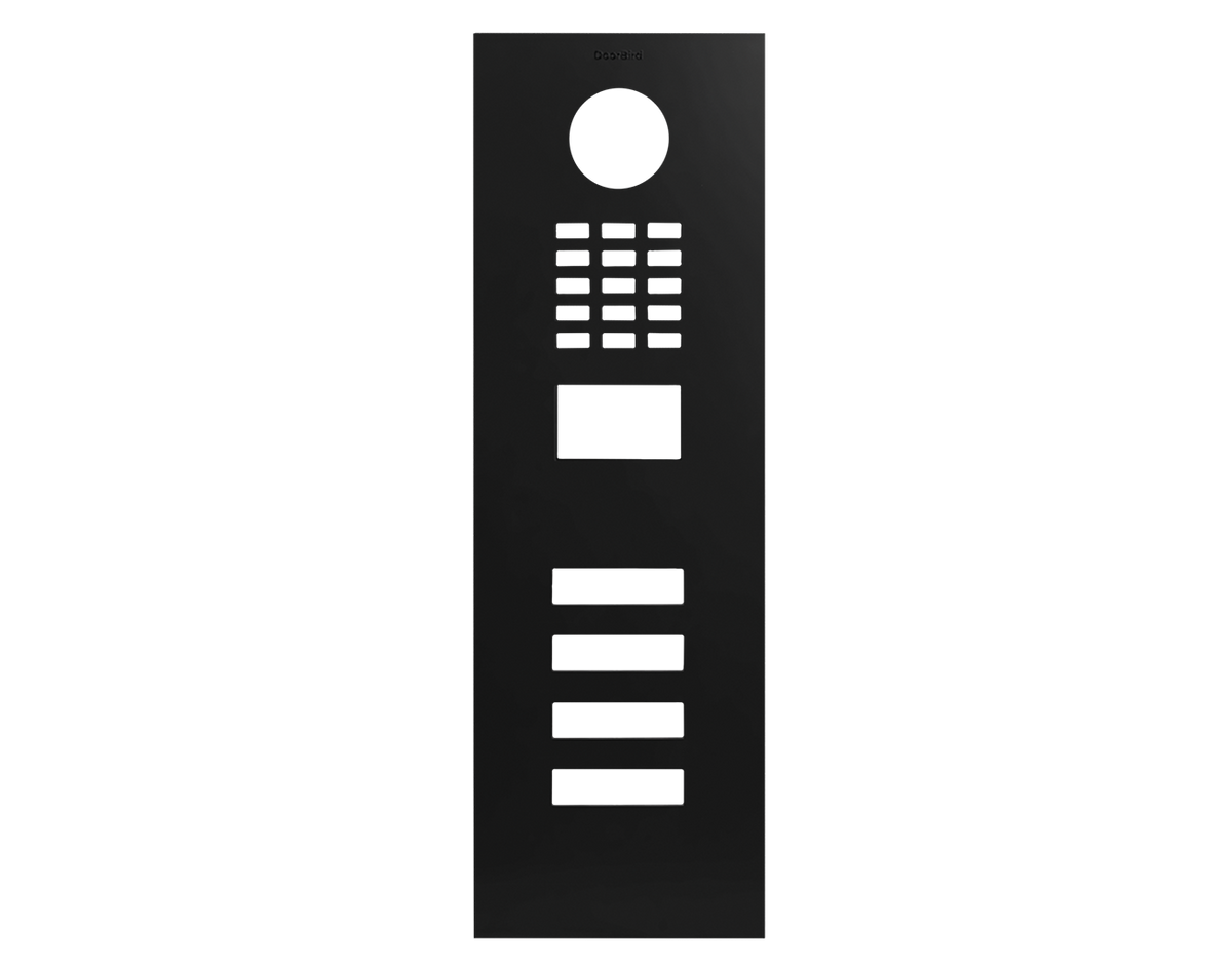 Graphite black DoorBird door entry front panel with camera lens and keypad buttons