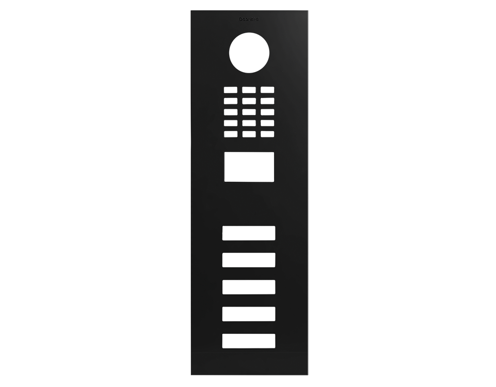 DoorBird graphite black front panel with circular camera cutout, keypad, and button array