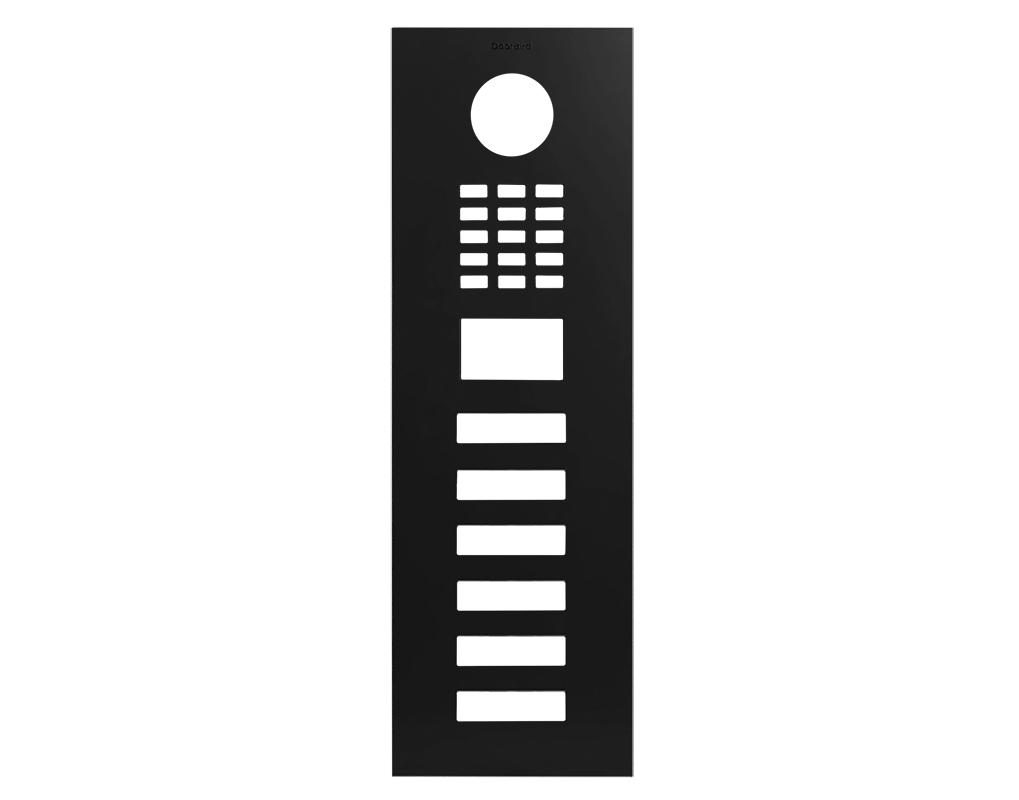 DoorBird front panel in graphite black with circular camera opening and keypad