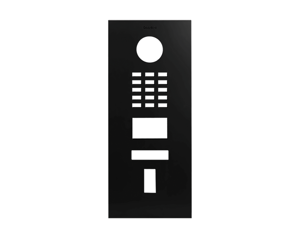 DoorBird front panel, graphite black rectangular faceplate with camera-style circle and keypad