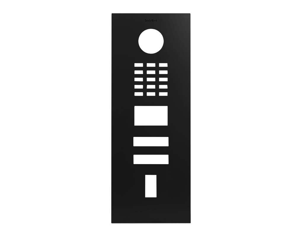 DoorBird graphite black intercom front panel with circular fingerprint sensor and button keypad