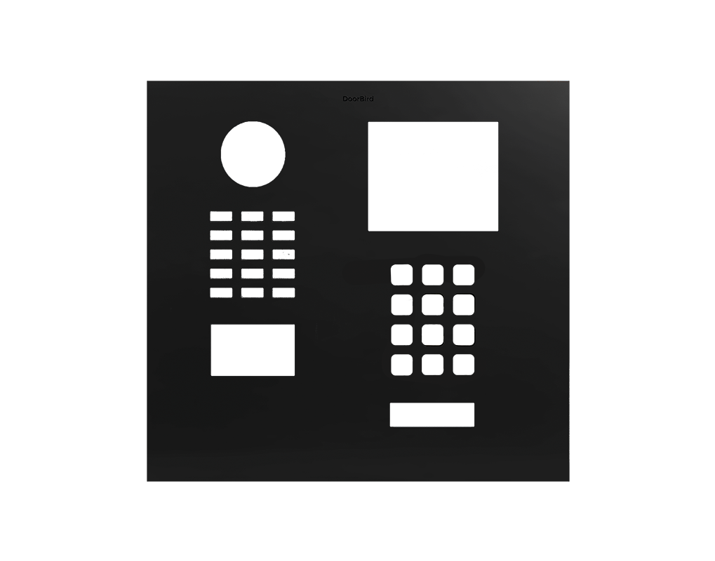 DoorBird front panel in graphite black with camera window and keypad