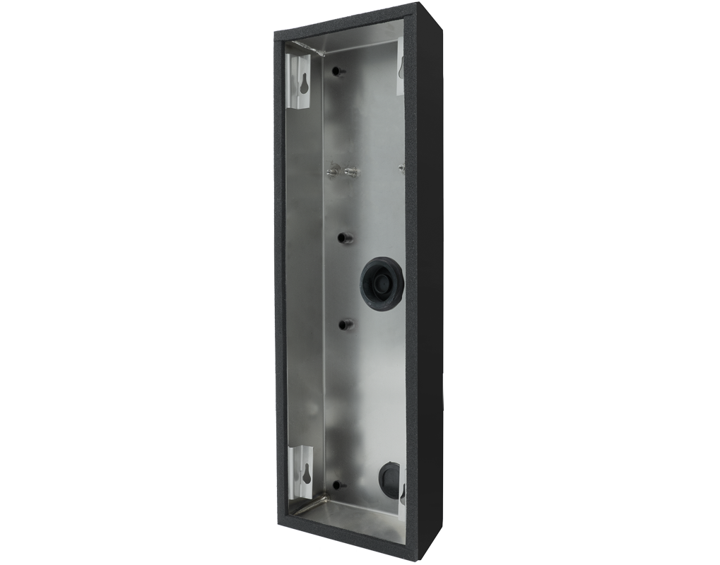 DoorBird surface-mounting backbox, graphite black metal enclosure with cable hole and mounting slots