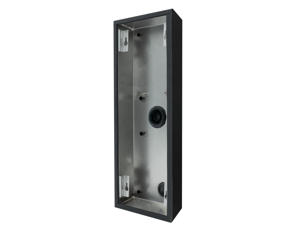 Graphite black surface-mount door backbox housing with mounting holes and cable port