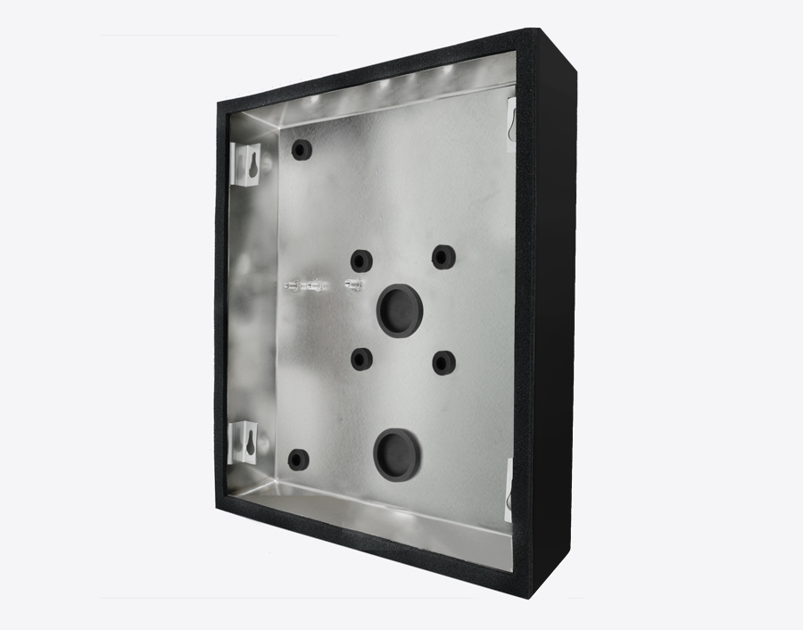 Graphite black surface-mounting backbox with metal backplate and mounting holes
