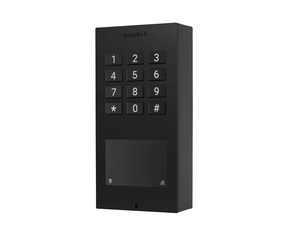 DoorBird surface-mount access control keypad in graphite black, with number buttons and screen