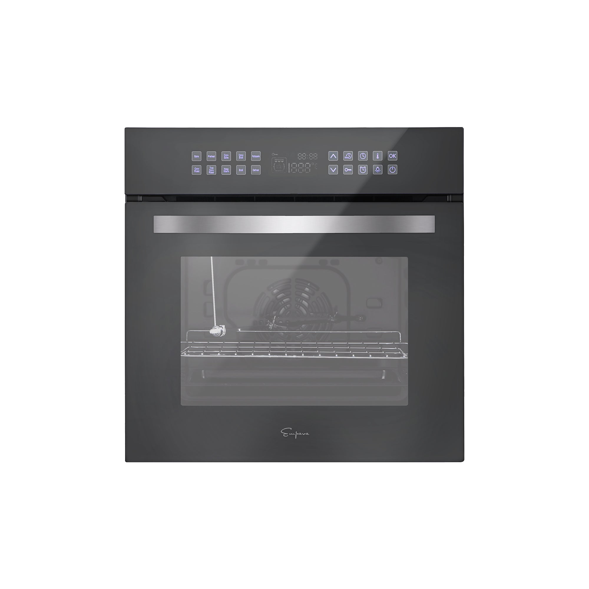 Black 24-inch electric single wall oven with front control panel and windowed door
