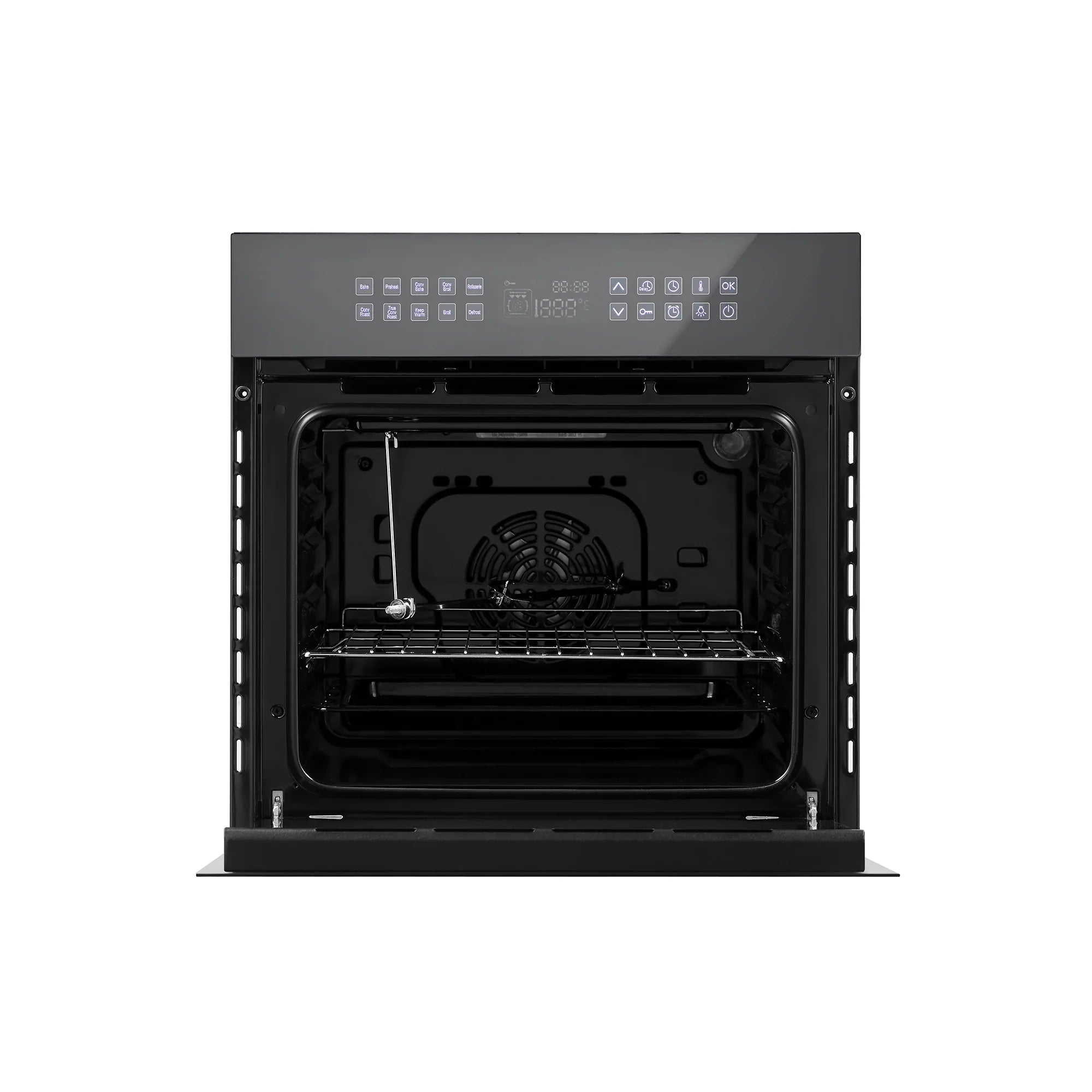 Black electric wall oven open cavity with rear fan and wire rack supports