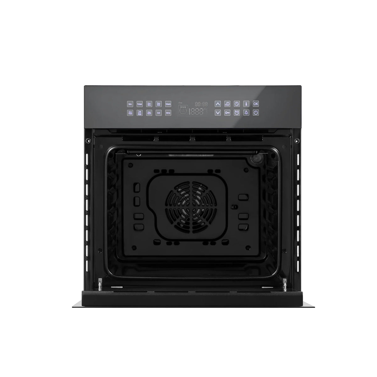 Black electric wall oven interior with fan, racks, and open door frame