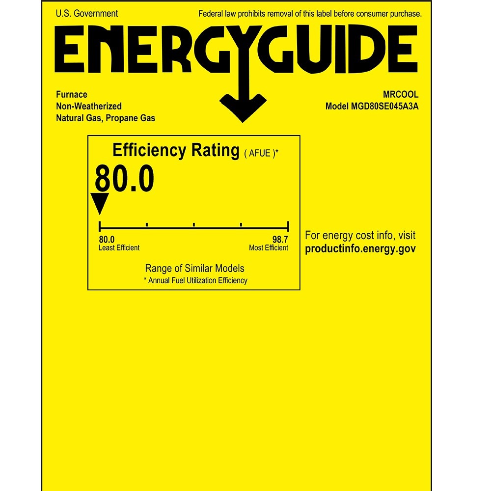 MRCOOL EnergyGuide label showing 80.0 AFUE efficiency rating for gas furnace