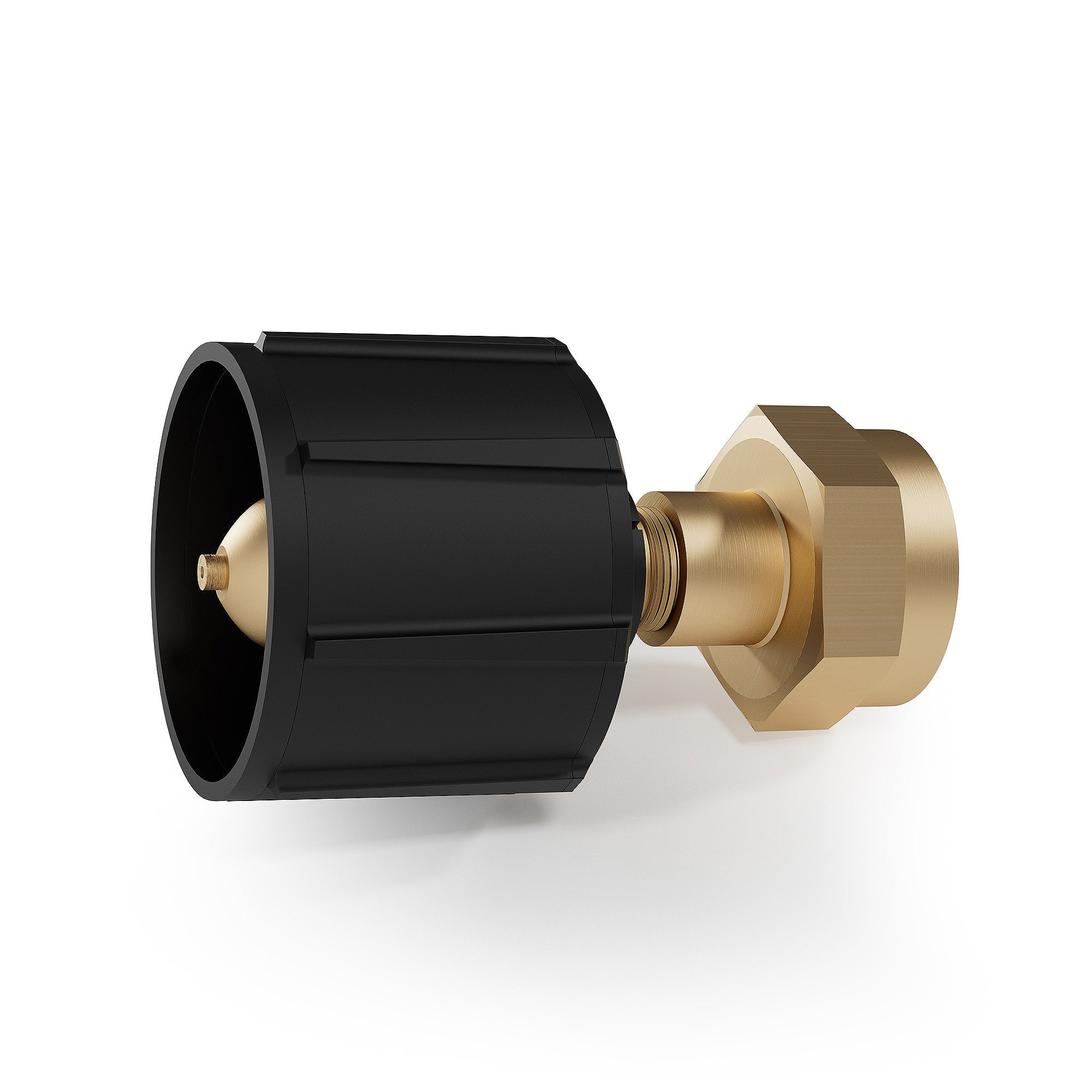 Black propane tank regulator valve adapter with brass fitting and side outlet