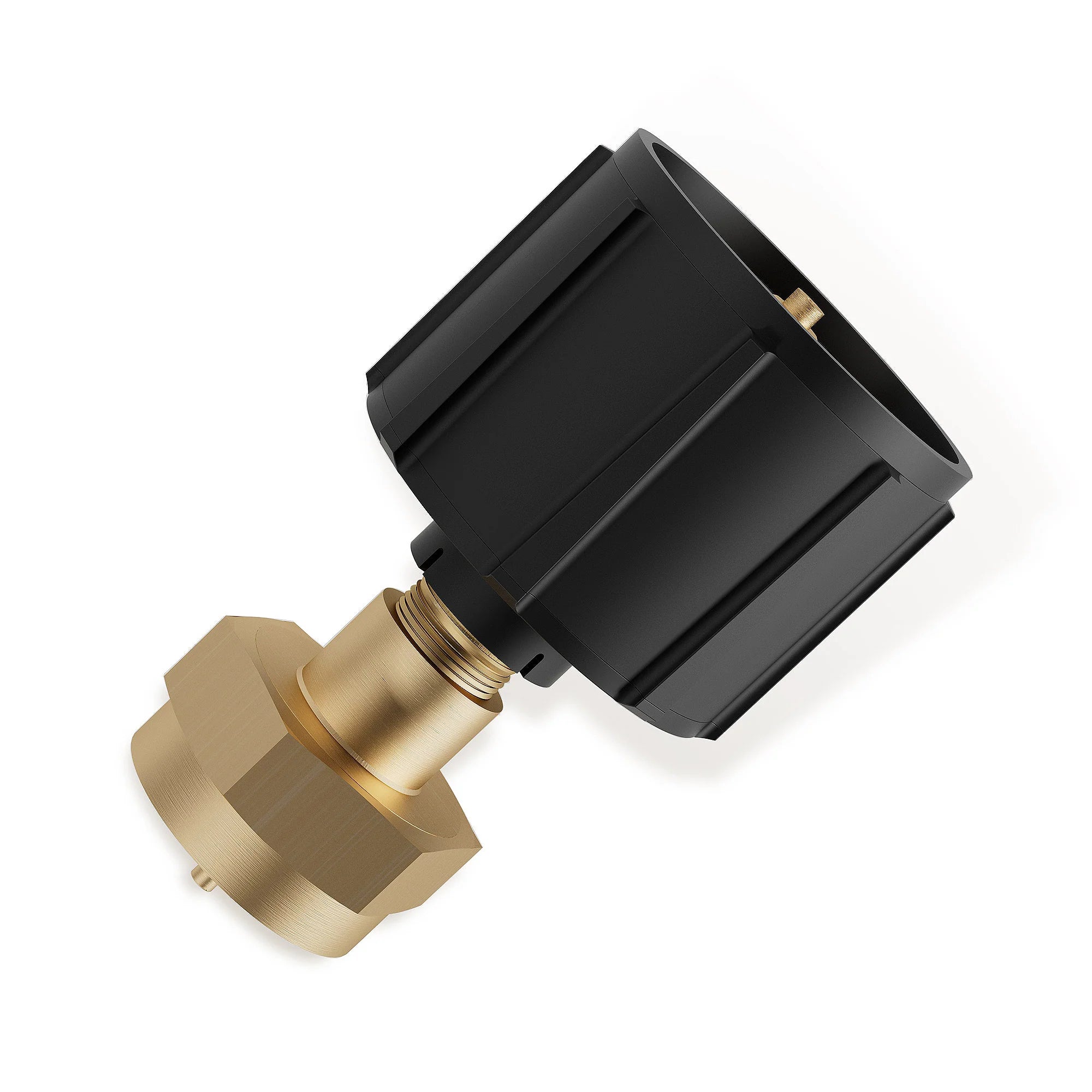 Propane refill adapter with black regulator housing and brass inlet connector
