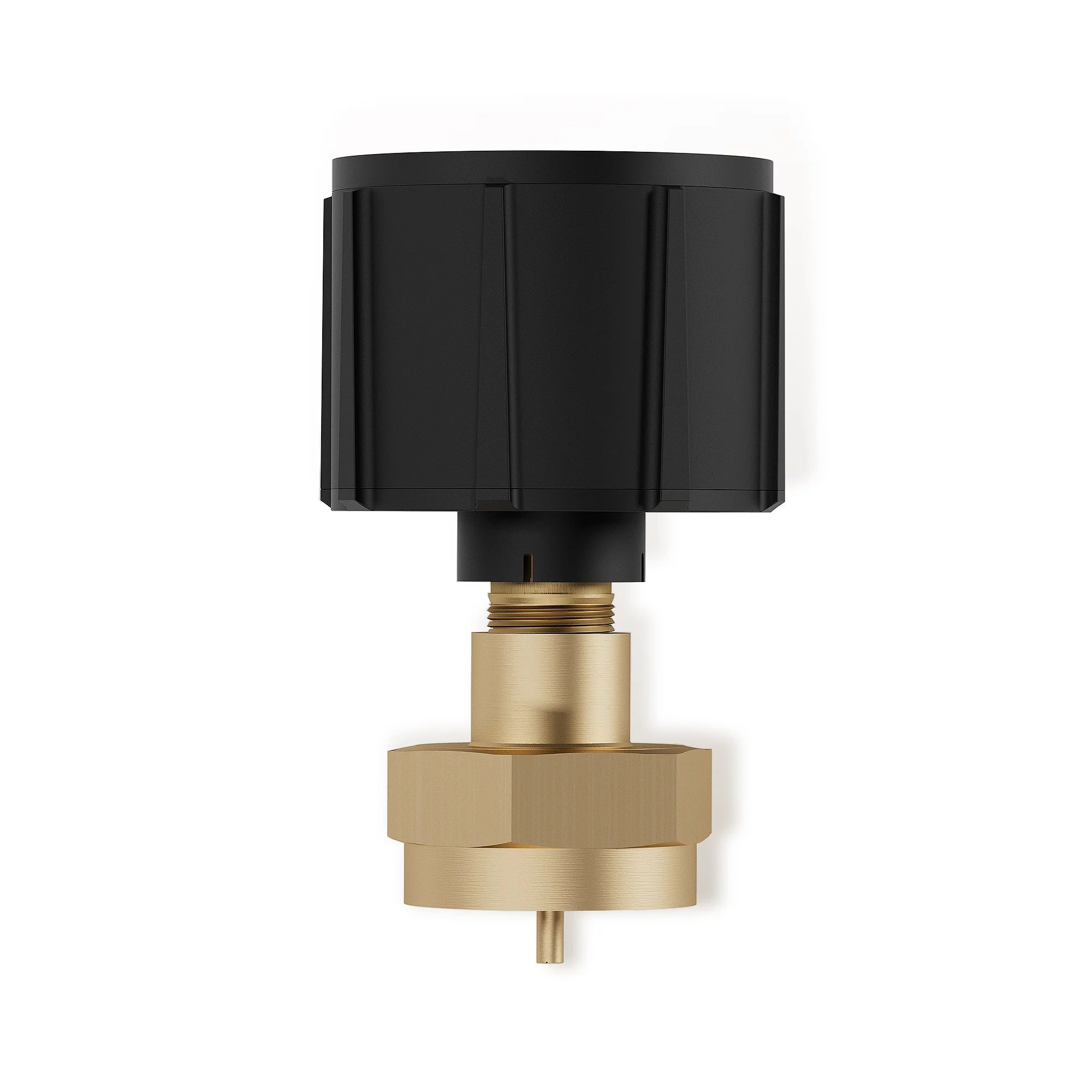 Black regulator valve adapter with brass threaded section and compact outlet