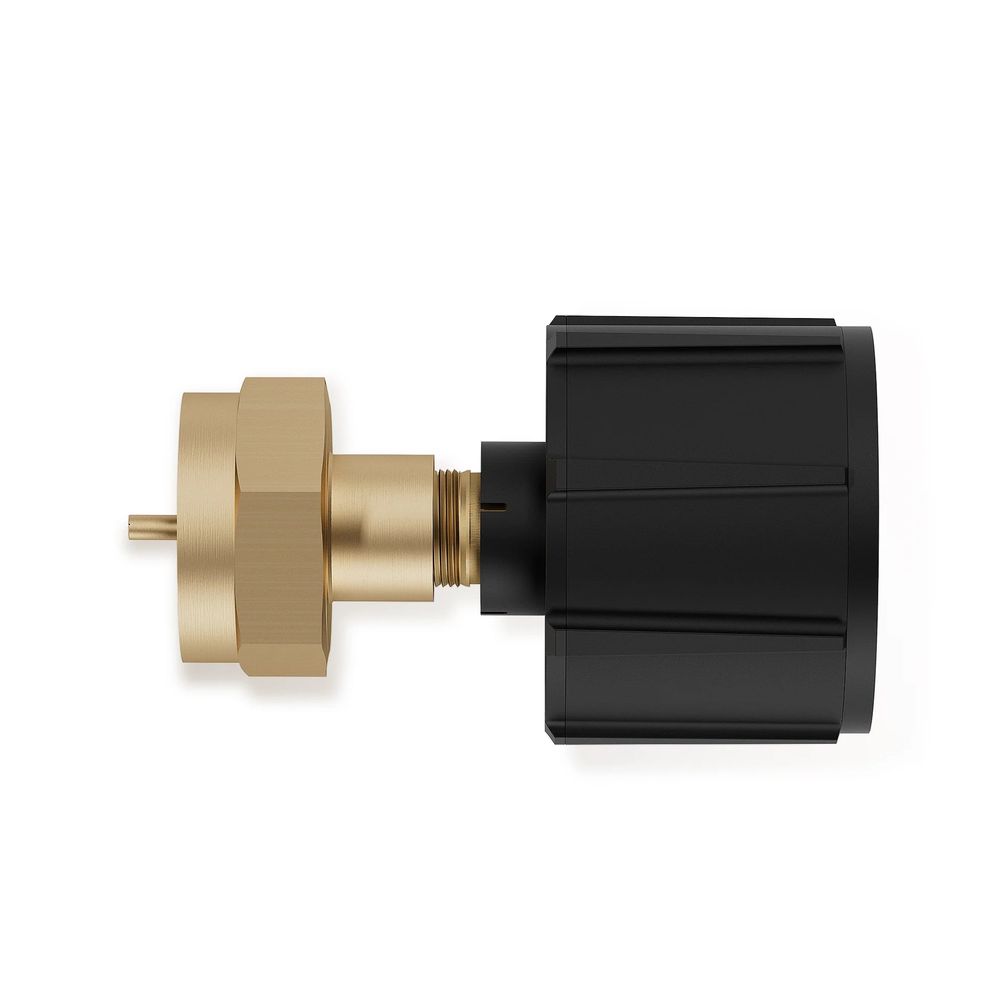 Propane tank refill adapter: black housing with brass coupler and side stem