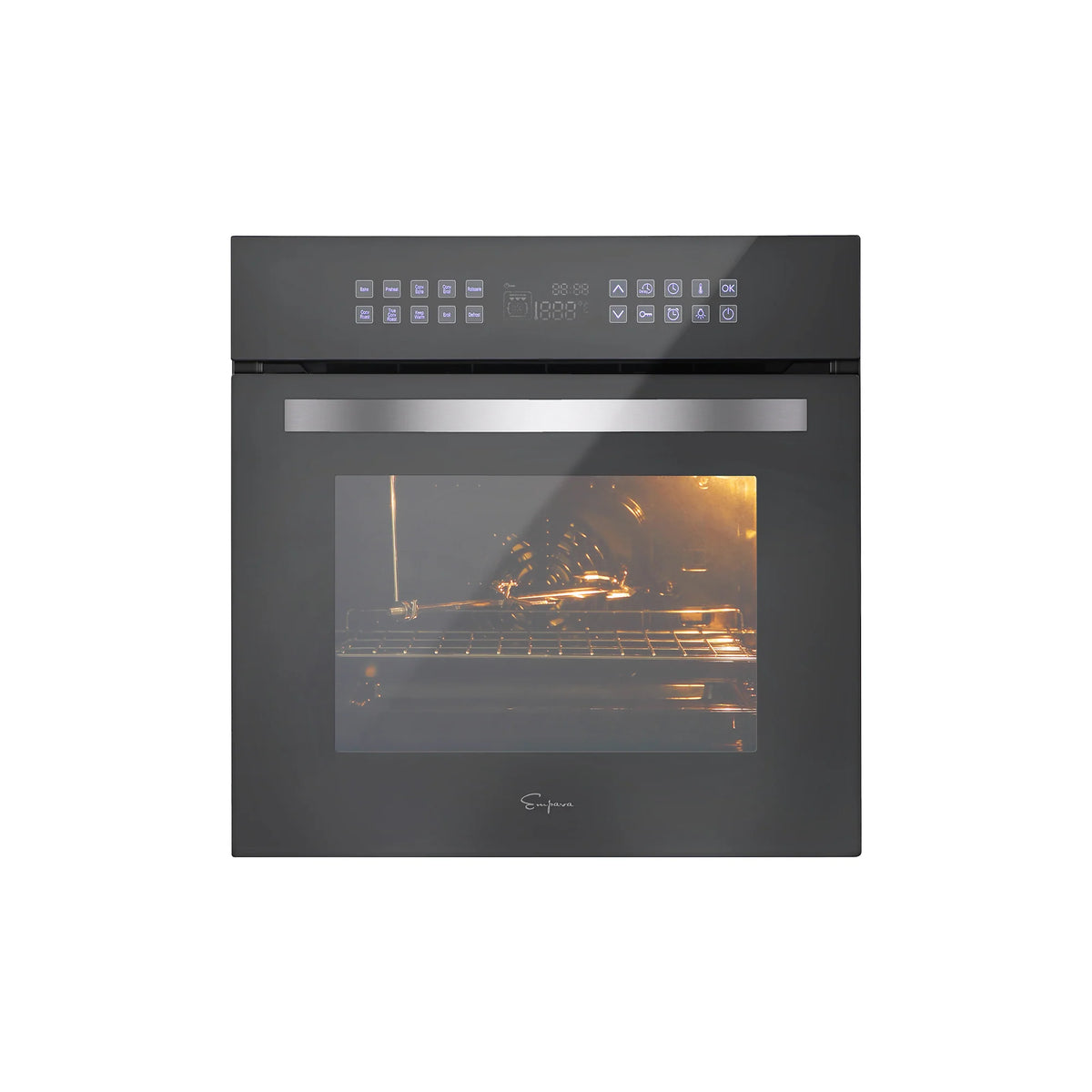 Black electric single wall oven door closed with interior heating glow visible