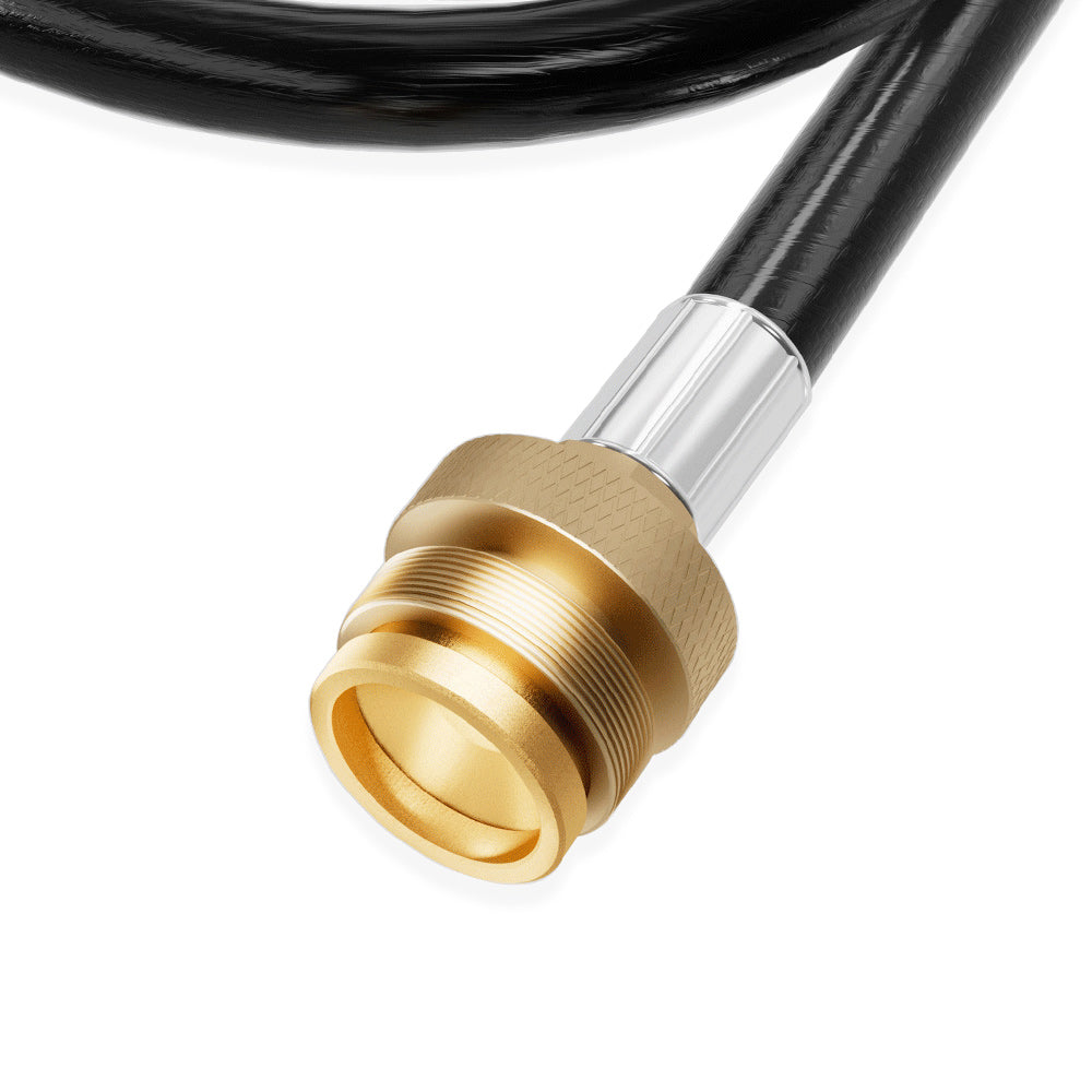 Propane adapter fitting with brass threads, clear gauge tube, and black hose