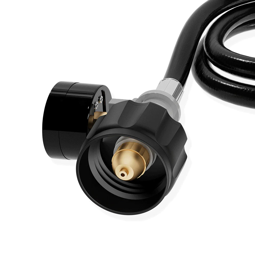 Propane adapter with black regulator housing, brass port, and clear silver gauge tube