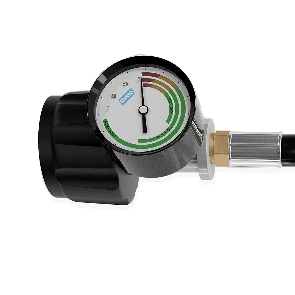 Propane pressure gauge adapter with dial face, brass connector, and clear tube