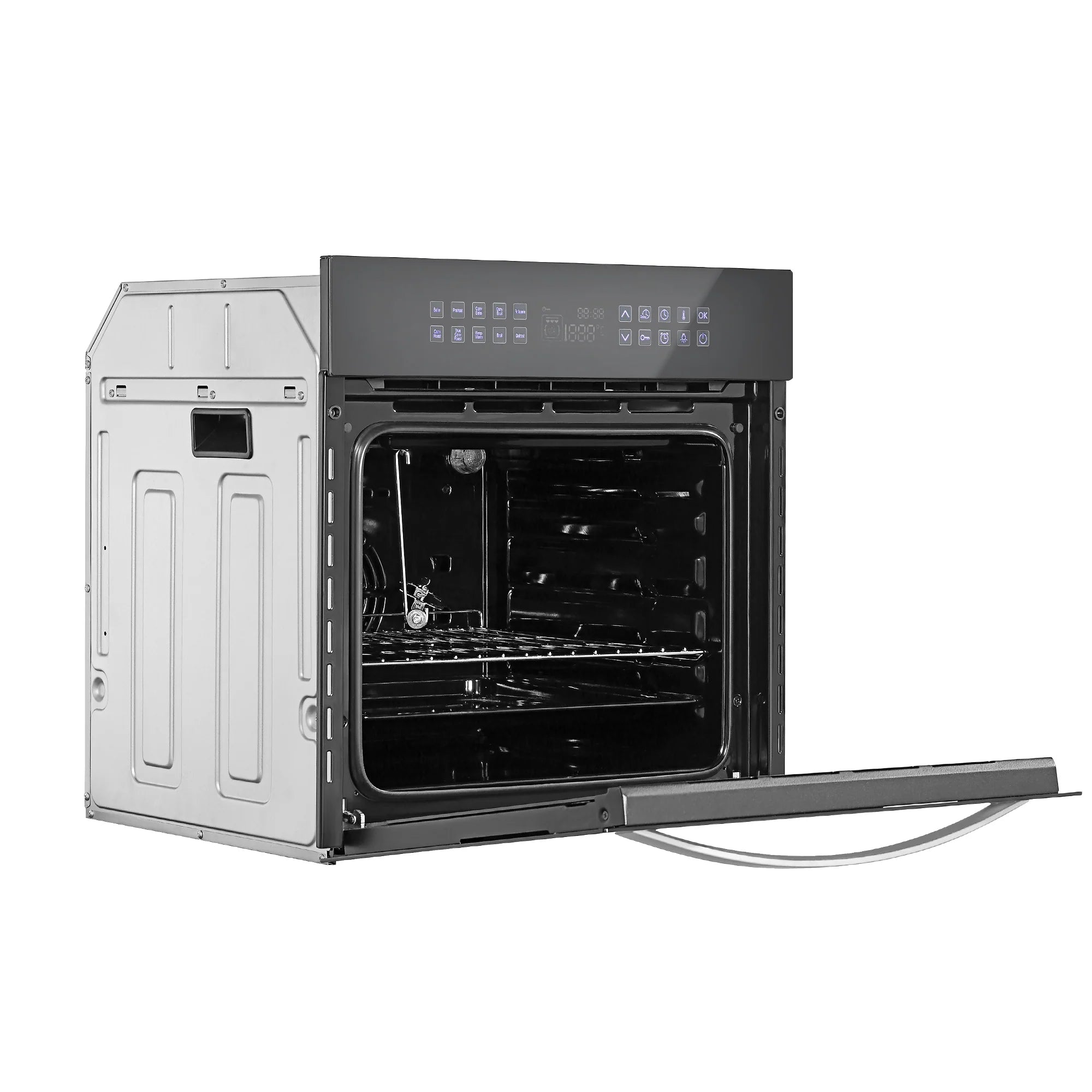 Black electric wall oven with open door and pull-out heating chamber view