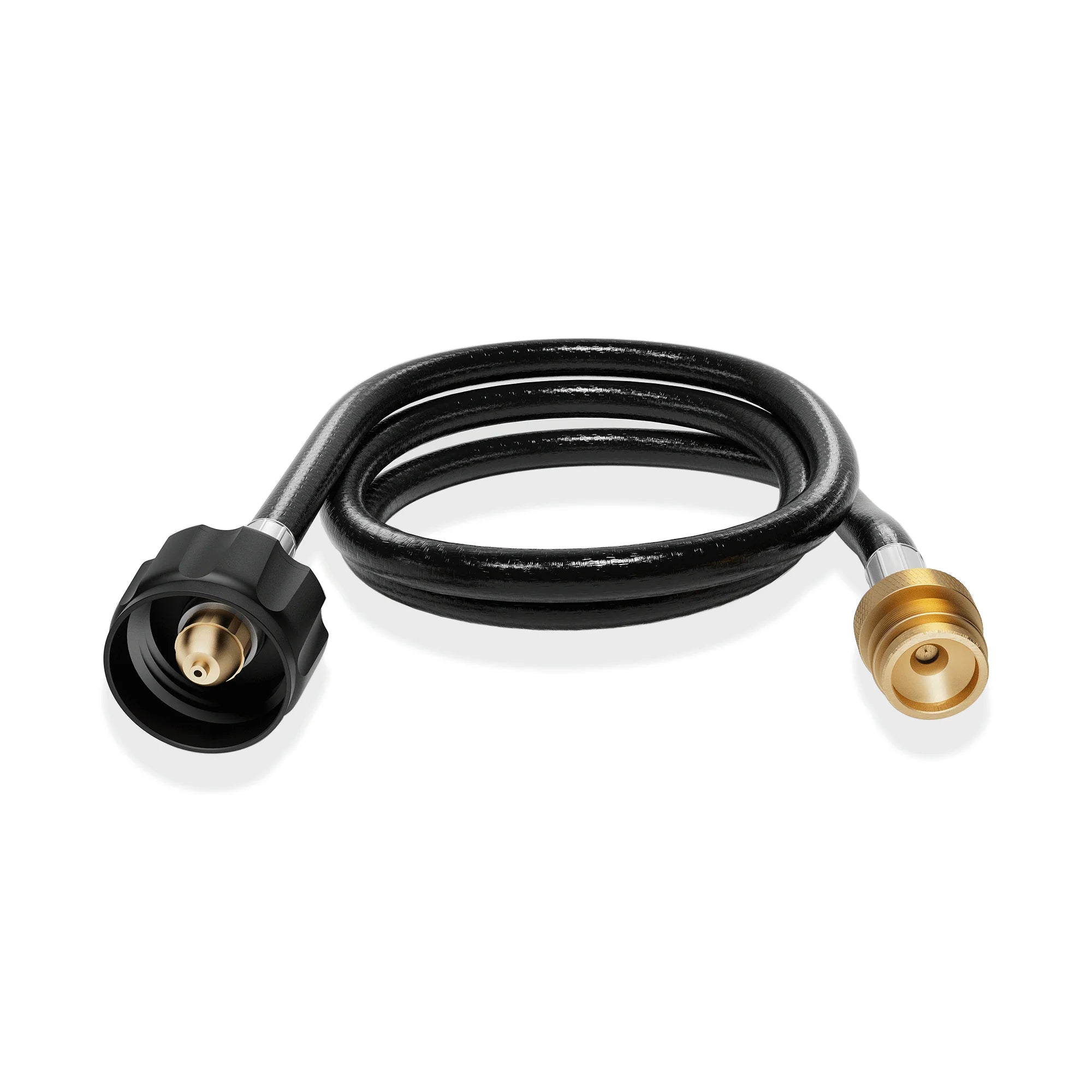 Black propane hose with brass connector on one end and black nozzle on the other.