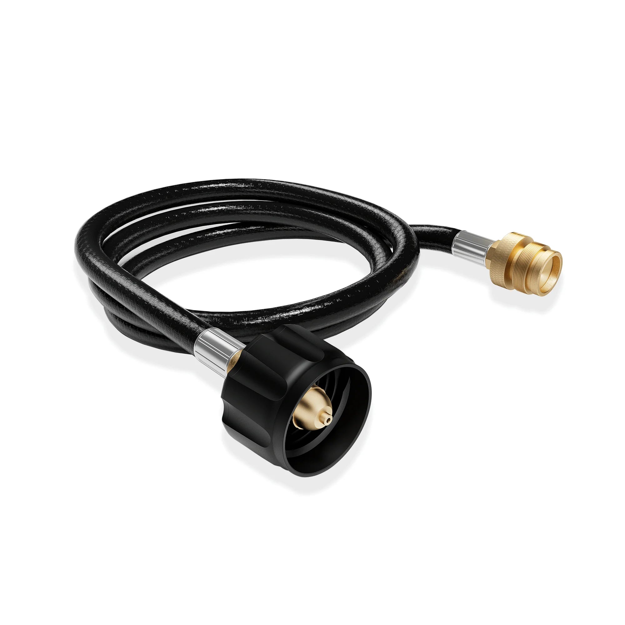 Black propane gas hose with brass-and-silver end fittings and black protective nozzle.