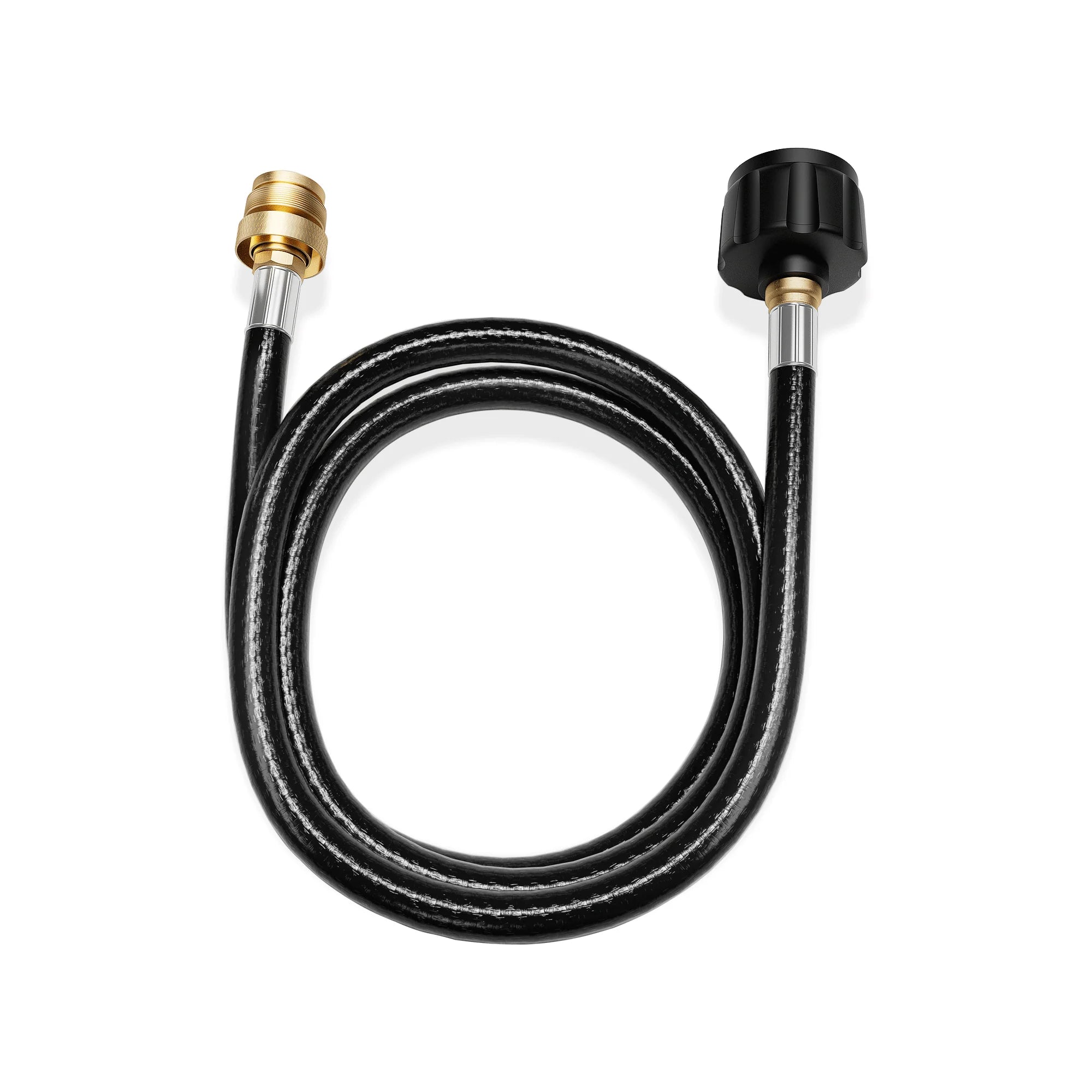 Black liquid propane hose with brass adapter and silver tip connectors on both ends.