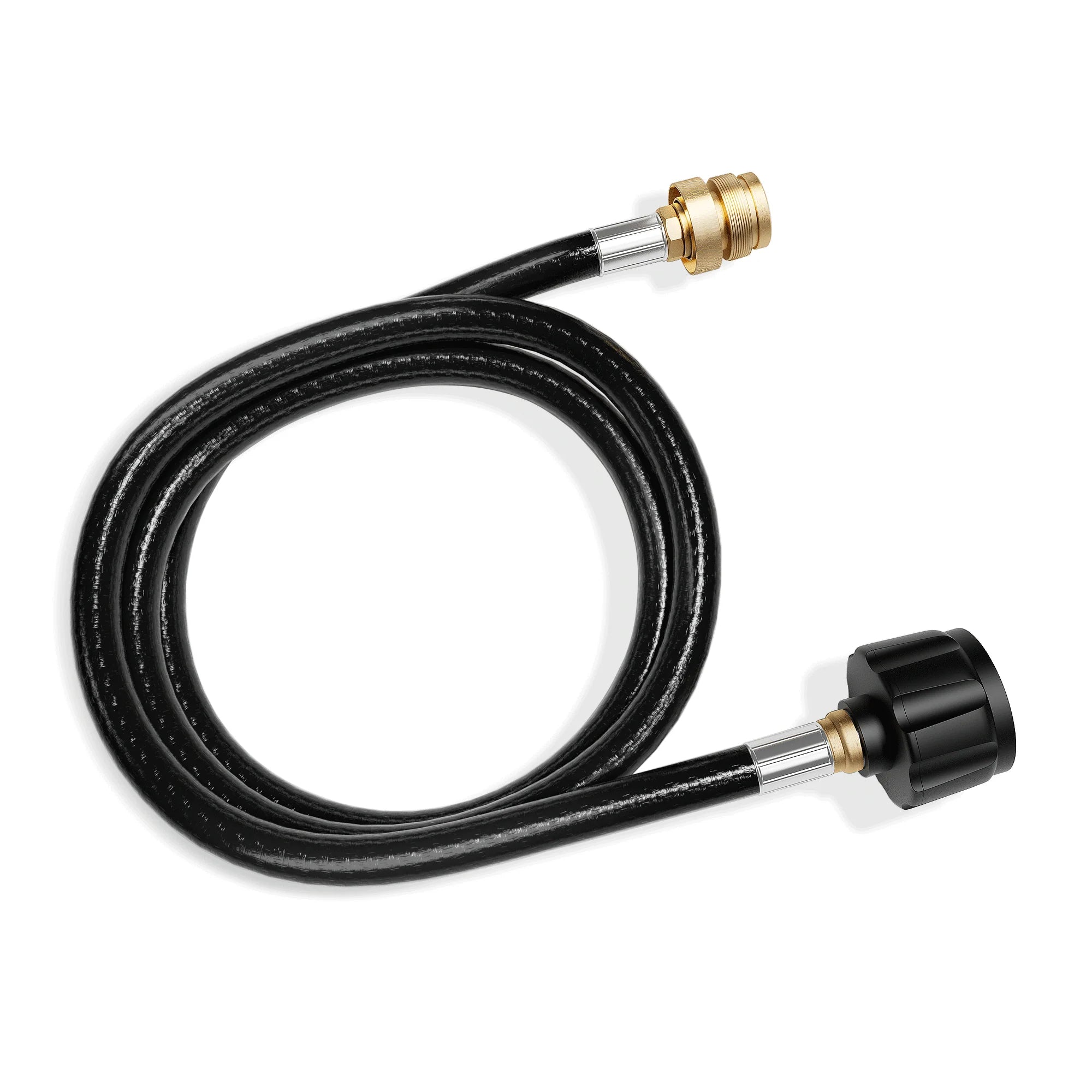 Black propane gas hose with brass connector end and black nozzle end for adapters.