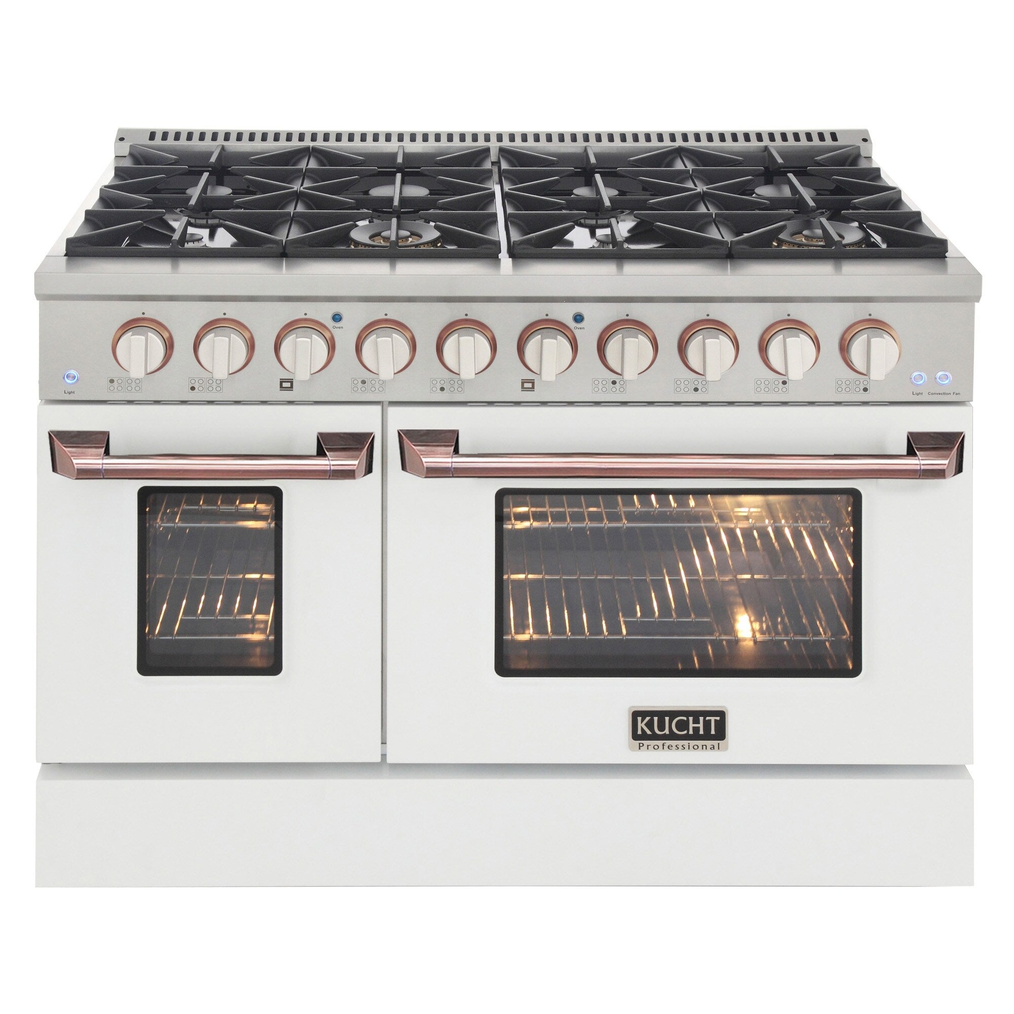 Stainless steel dual fuel range with white oven doors, copper-gold control knobs