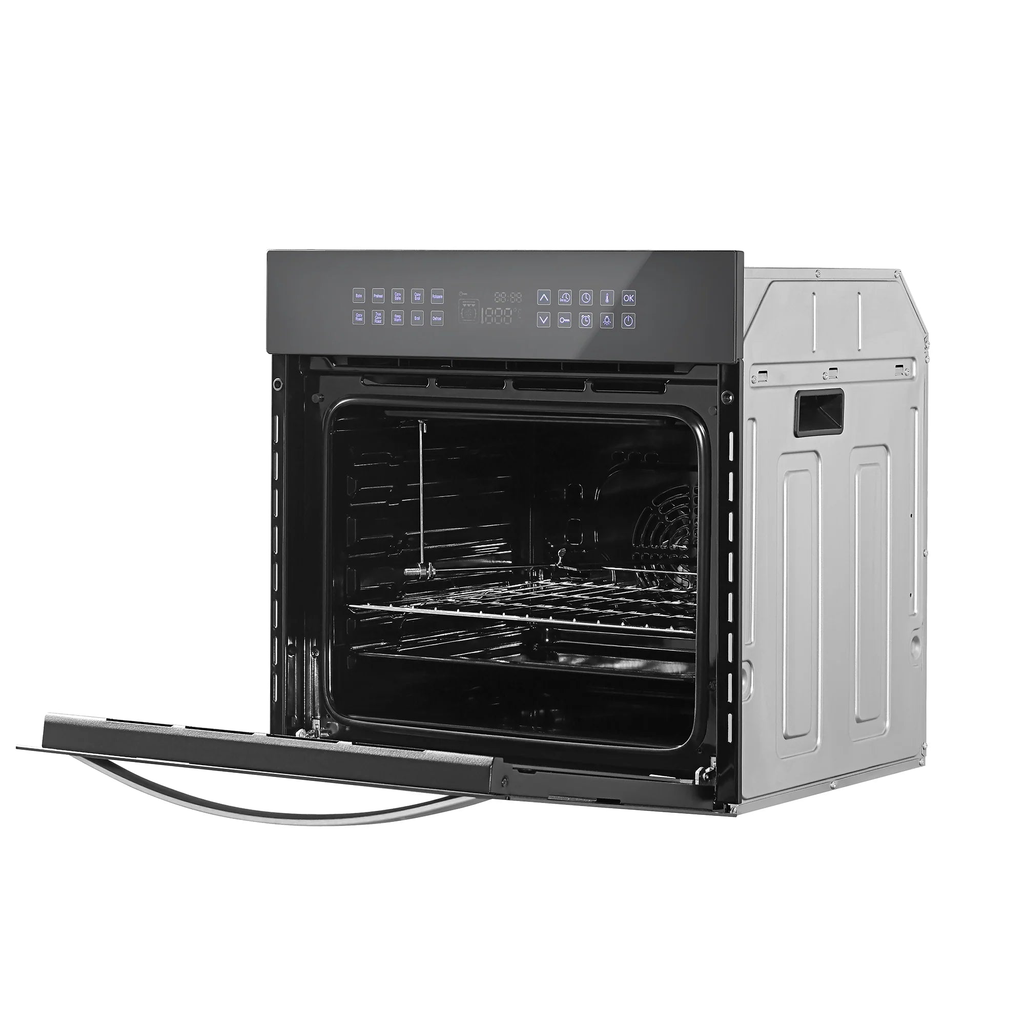 24-inch black electric single wall oven with open door and accessible baking cavity
