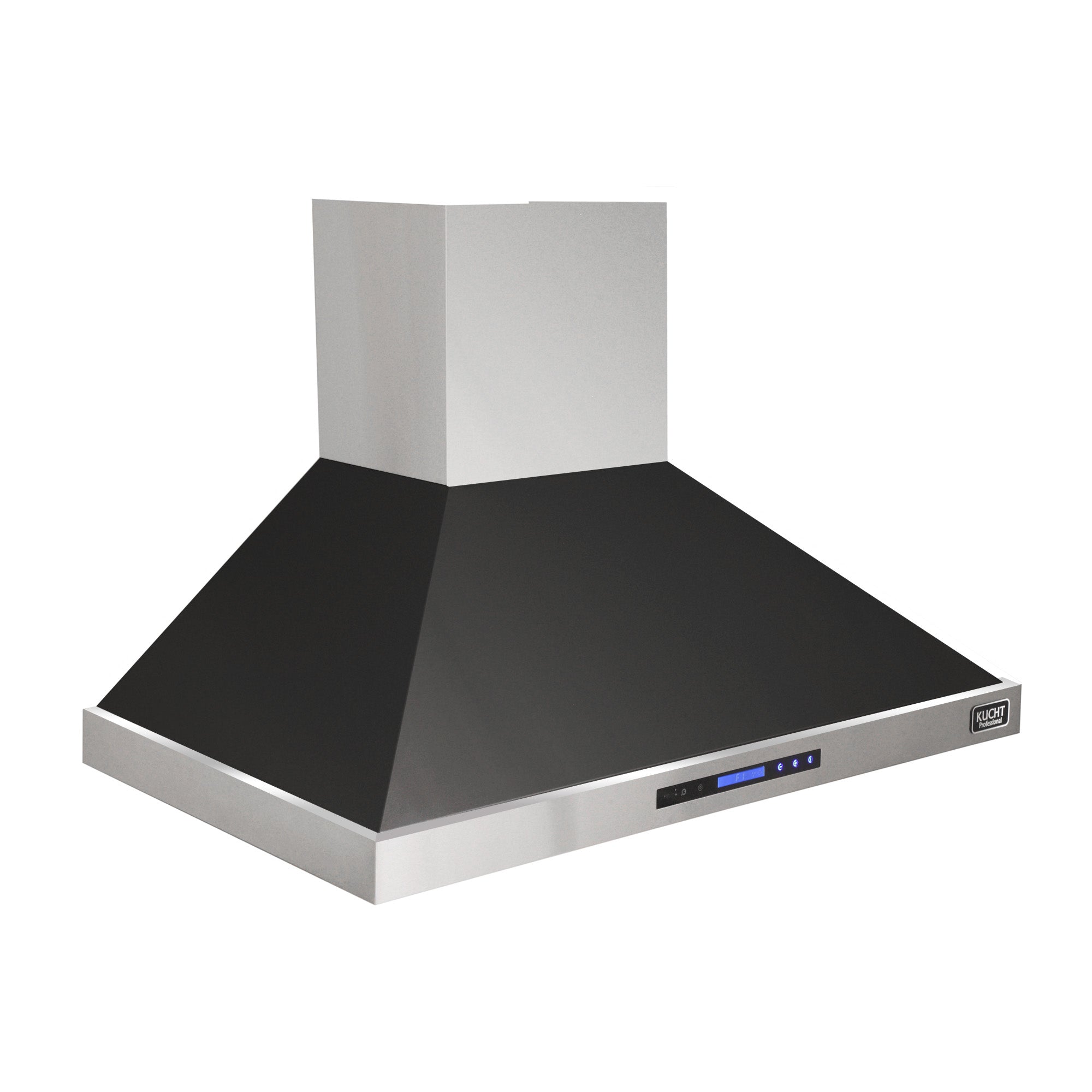 Wall-mounted range hood with black stainless chimney and front LED control panel